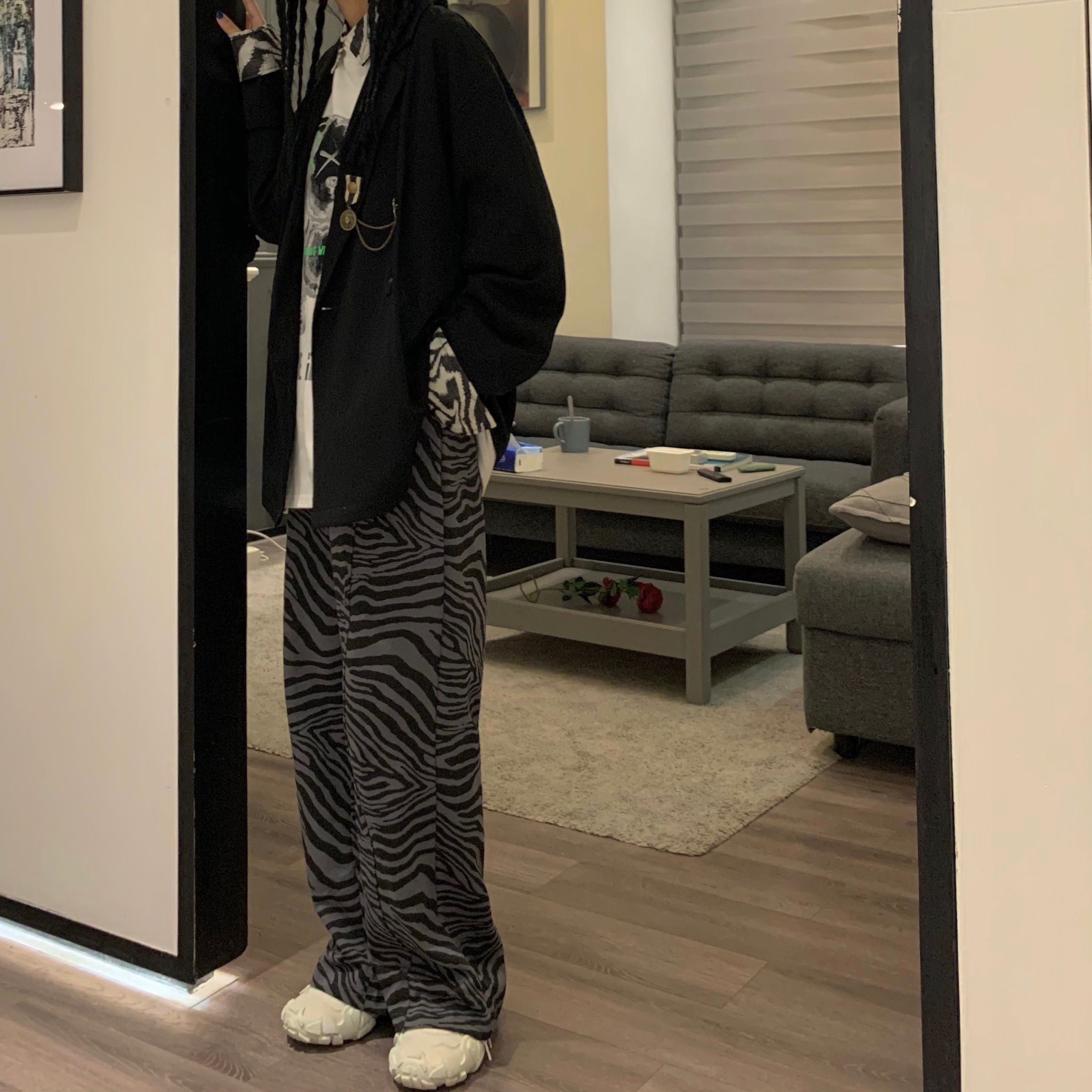 Retro zebra pattern casual women's high-waisted pants