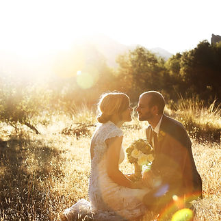 Couple in wedding attire sitting in a sunlit field