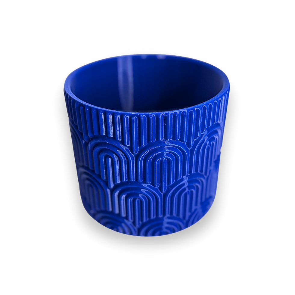 Thumbnail: Blue cylindrical container with embossed art deco pattern