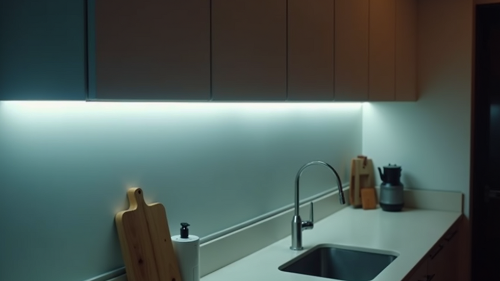 Close-up view of LED strip lights installed under a kitchen cabinet