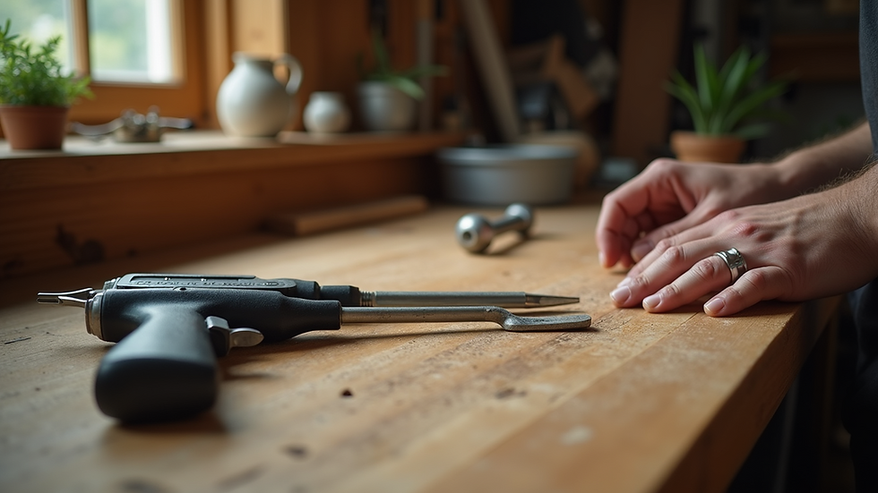 Close-up view of a wooden workbench with tools and materials
