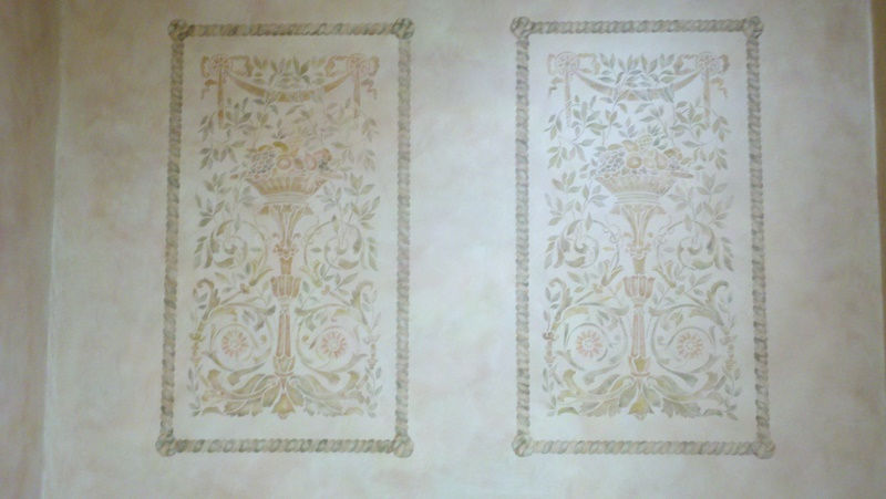 Hand stenciled Parisian Panels over glazed wall