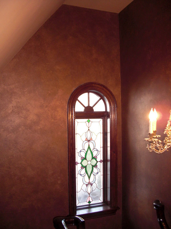 Metallic suede walls on walls in stairwell