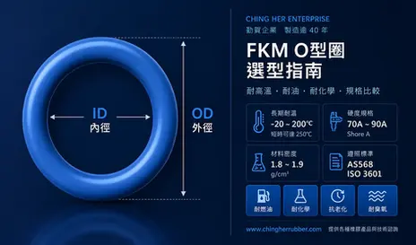 FKM氟橡膠O型圈選型指南封面圖,標示ID內徑、OD外徑、CS線徑規格,耐溫-20至200°C,勁賀企業製造