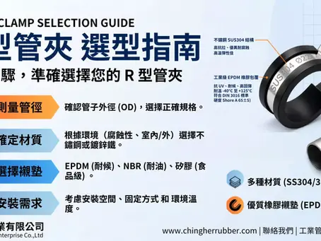 R型管夾選型指南圖卡：包含測量管外徑、不鏽鋼材質選擇與 EPDM/NBR/矽膠防震橡膠襯墊對照表 - 勁賀企業