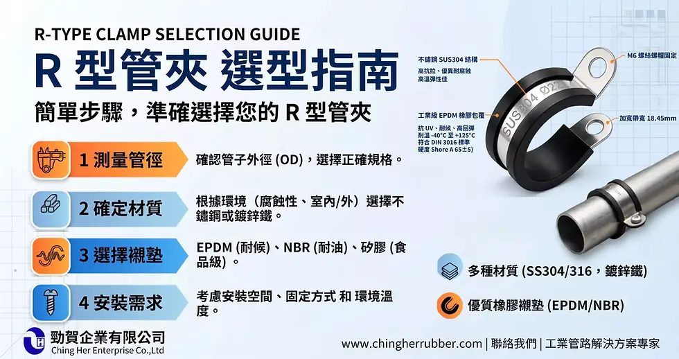 R型管夾選型指南圖卡:包含測量管外徑、不鏽鋼材質選擇與 EPDM/NBR/矽膠防震橡膠襯墊對照表 - 勁賀企業