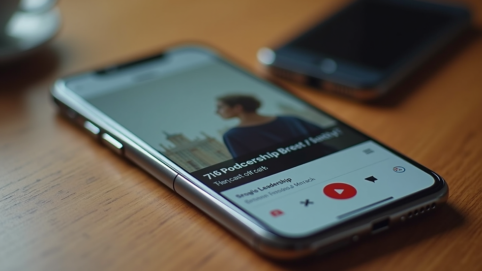 Close-up view of a smartphone displaying a podcast app with leadership episodes