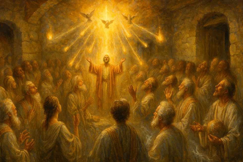 Representação artística do Pentecostes, com o Espírito Santo descendo sobre os apóstolos em uma sala de pedra. A figura central está iluminada por luz celestial, com braços erguidos, enquanto três pombas e raios de luz se espalham sobre os fiéis em oração.