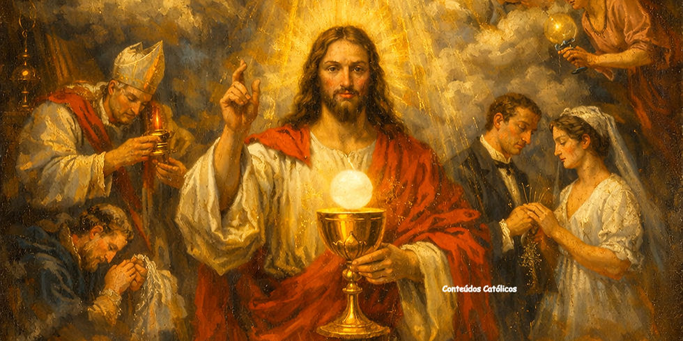 Pintura a óleo em estilo barroco mostrando Jesus Cristo ao centro, vestido com túnica branca e manto vermelho, segurando um cálice dourado com a hóstia luminosa acima dele. Do alto, o Espírito Santo em forma de pomba derrama luz divina sobre Cristo e os sete sacramentos representados ao redor: Batismo, Confirmação, Eucaristia, Penitência, Matrimônio, Unção dos Enfermos e Ordem. Deus Pai observa entre nuvens, cercado por anjos e querubins. A luz dourada desce do céu, iluminando os símbolos sagrados, água, fogo, óleo, pão, vinho, anel e cruz, que expressam a graça e a presença divina.