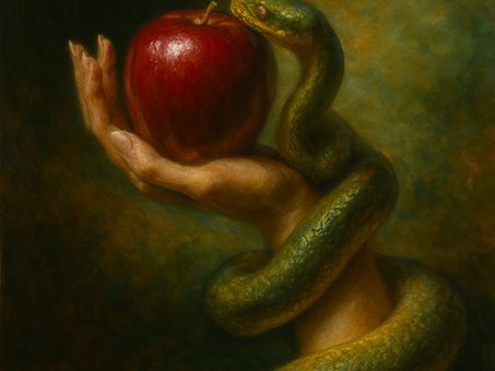 Mão feminina segurando uma maçã e uma serpente a subir pelo braço.