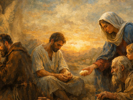 Pintura a óleo em estilo barroco representando oração, jejum e misericórdia. À esquerda, um monge ajoelhado diante de um crucifixo e uma vela acesa, iluminado por luz dourada que simboliza a fé. Ao centro, um homem magro em túnica branca contempla um pedaço de pão, envolto em sombras que expressam penitência e jejum. À direita, uma mulher com manto azul e véu branco oferece pão a um idoso pobre, gesto de compaixão e misericórdia. A luz celestial une as três cenas, revelando a graça divina que transforma o coração humano.