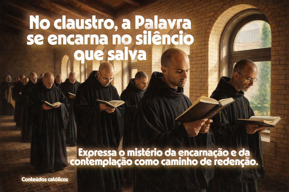 Pintura a óleo de monges beneditinos em um claustro iluminado pelo sol, caminhando em fila enquanto leem livros de oração. O corredor tem arcos de tijolo, janelas amplas e luz suave que destaca a atmosfera de silêncio, contemplação e vida monástica.