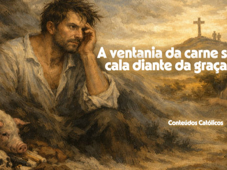 Pintura a óleo contemplativa inspirada em “As tentações da Carne”: um homem pensativo entre a sombra e a luz, olhando para uma colina dourada onde se ergue uma cruz, símbolo da vitória da graça sobre a tentação.