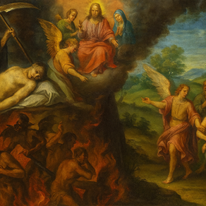 Pintura a óleo em estilo barroco representando os Novíssimos: figura da morte com foice, Cristo julgando almas, tormentos do inferno com demônios e almas em sofrimento, e o paraíso com anjos guiando os justos a uma cidade celestial.