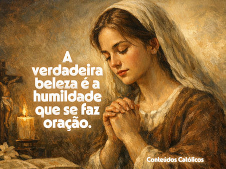 Pintura a óleo em estilo barroco mostrando uma jovem mulher em oração diante de um crucifixo e uma vela acesa. Ela usa um véu simples e veste roupas modestas, iluminada por uma luz dourada que simboliza a presença divina. Ao lado, um livro aberto e lírios brancos representam pureza e contemplação. Tema: modéstia interior e vida cristã.