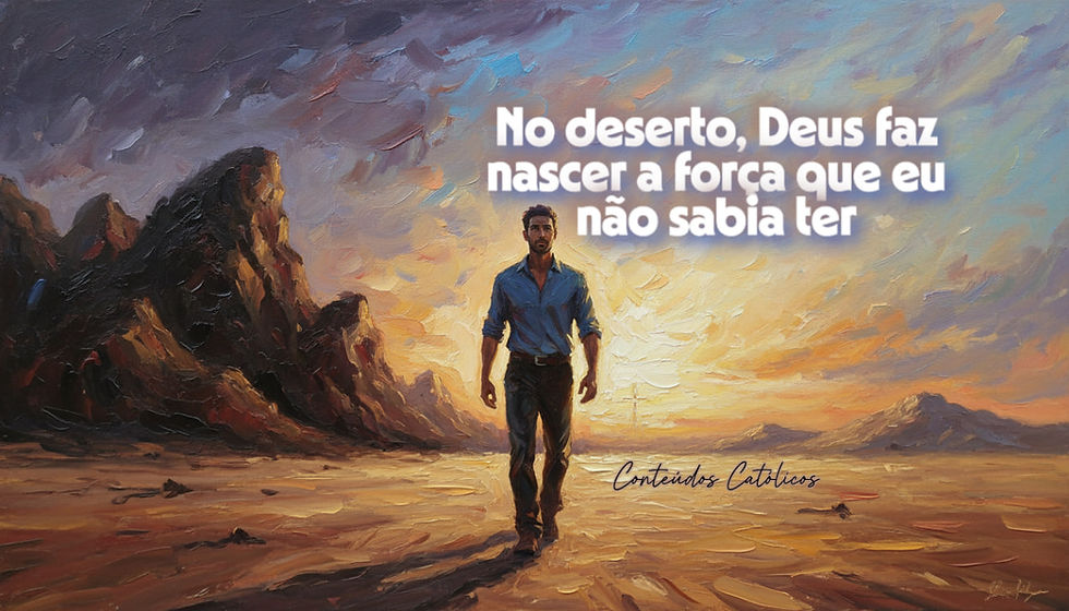 Pintura a óleo de um homem caminhando sozinho num deserto ao pôr do sol. O céu apresenta tons dramáticos de roxo, azul e laranja, com luz dourada iluminando o horizonte. À esquerda surgem montanhas escuras e nuvens densas; à direita, o céu é mais claro e sereno. O homem, de camisa azul e calças escuras, avança determinado, projetando uma longa sombra no chão arenoso. A cena transmite solidão, reflexão e jornada espiritual.