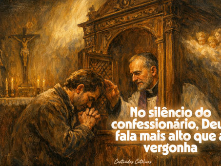 Pintura a óleo de um penitente ajoelhado diante de um confessionário de madeira, com as mãos unidas e a cabeça inclinada, enquanto um sacerdote, iluminado por uma luz suave, estende a mão em gesto de absolvição. Ao fundo, um crucifixo e velas acesas criam um ambiente de oração e misericórdia.