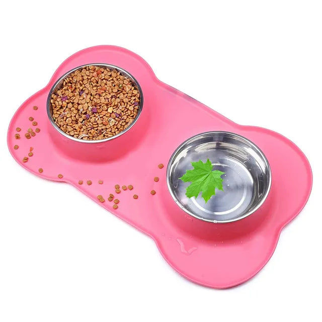 Miniatura: Antislip Double Dog Bowl With Silicone Mat Durable Stainless Steel Water Food Fe