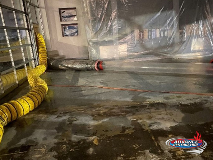 The scene is at a marina in St. Clair Shores, Michigan that was severely damaged by a roof leak causing massive water and mold damage. ADVANCE RESTORATION, Michigan's premier disaster restoration firm is completing water mitigation, water restoration, and mold remediation on the property. 