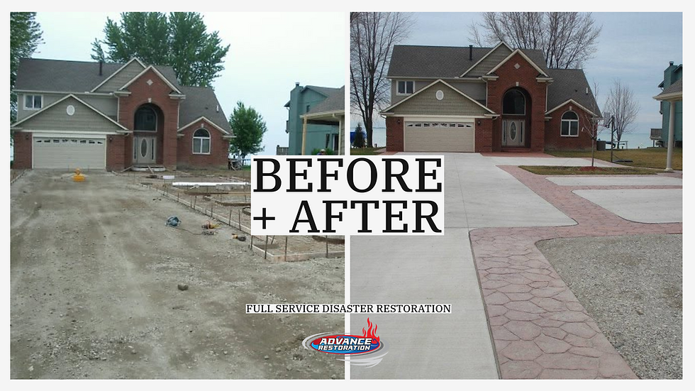 Transformation of a home's exterior with new concrete and patterned walkways through full-service disaster restoration. Competitors often say they have an advantage over ADVANCE RESTORATION, but fail to deliver the full array of services and at the level of quality that we provide them. Another firm would slap down concrete without regard for the extra details that make the storm restoration work stand out. The stamped concrete edges provide the homeowner with just a little extra perk, from the ADVANCE RESTORATION team, that they won't get anywhere else. The reason is that we care and we want to help...even if it costs us something.