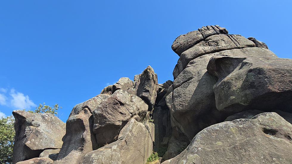 Robin Hood’s Stride gritstone rock formations Derbyshire showing fractured surfaces and vertical clefts on Harthill Moor