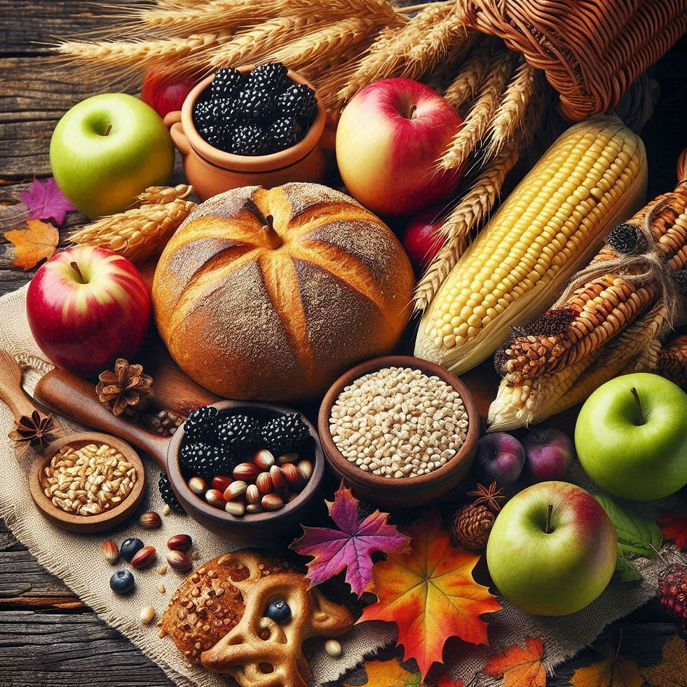 Picture of Lammas harvest produce, bread, fruit, nuts vegetables