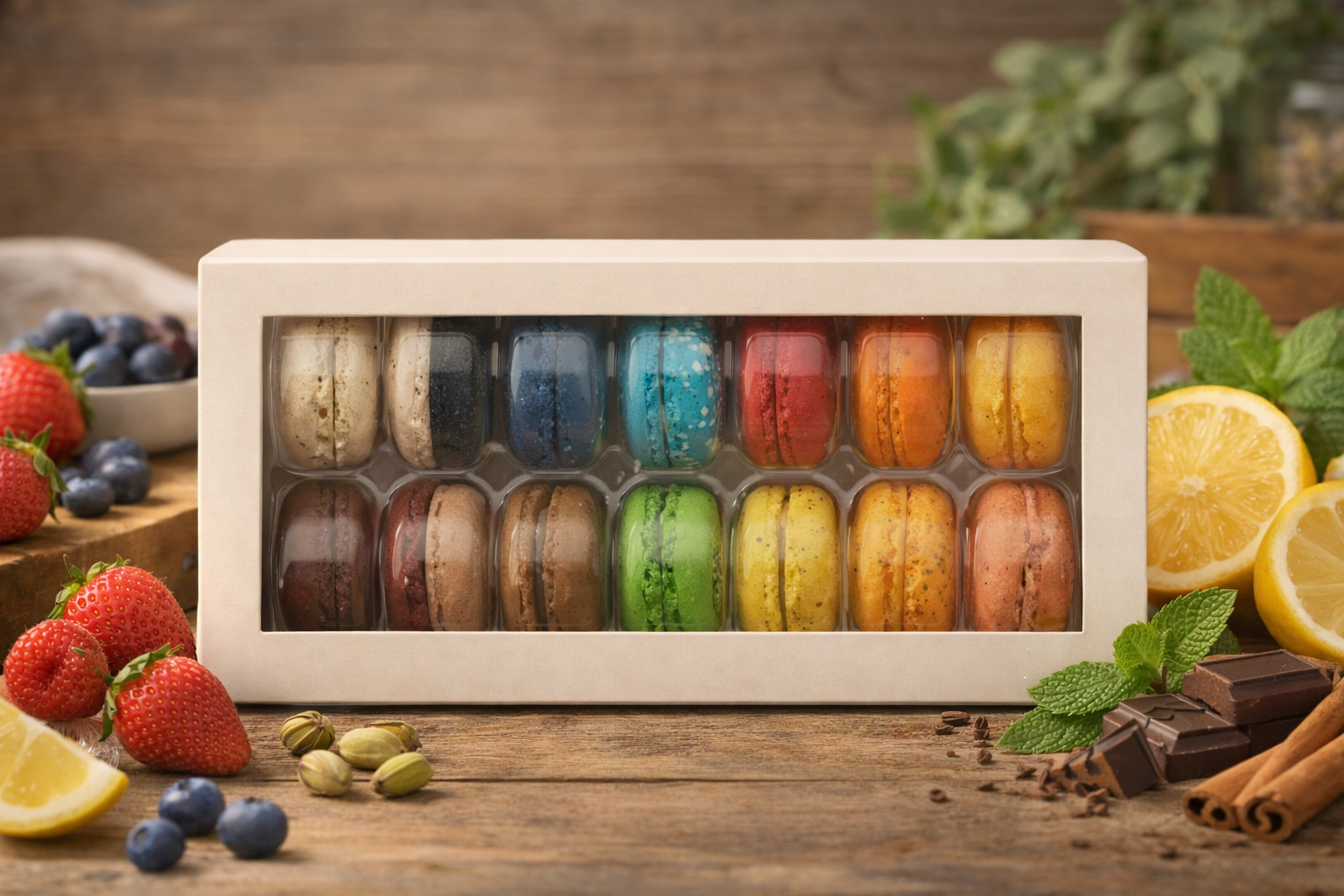 Ivory box of 12 macarons with window