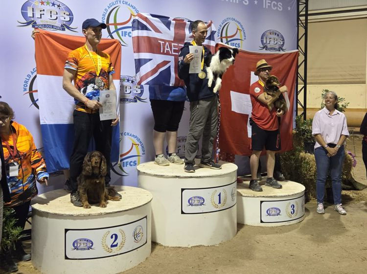 Gold Medalist Dave Russell & Tolly (GBR), with Silver Medalist Antal van Tienen  & Zoef (NLD), and Bronze Medalist Roland Hilfiker & Pippa (SUI)