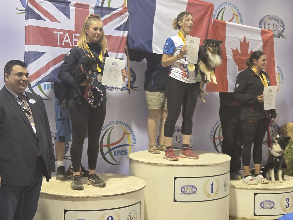 Gold Medalist Caud Sandrine & Tonic Black (FRA), with Silver Medalist Becca Foster & Yaeger (GBR), and Bronze Medalist Teri O'Neill & Prodigy (CAN).  Left:  IFCS President Piero Acquaro.