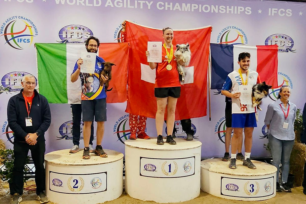 Gold Medalist Corinne Gysin & Hakuna Matata (SUI), with Silver Medalist Giacomo Mari & Ozzy (Italy), and Bronze Medalist Begue Esteban & River (FRA)