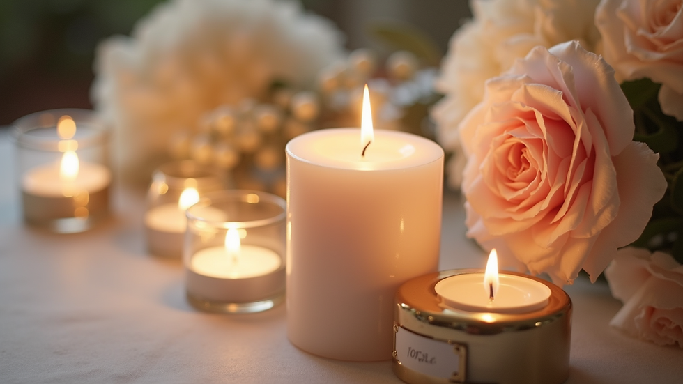 Close-up de decoração luxuosa para casamento com flores e velas
