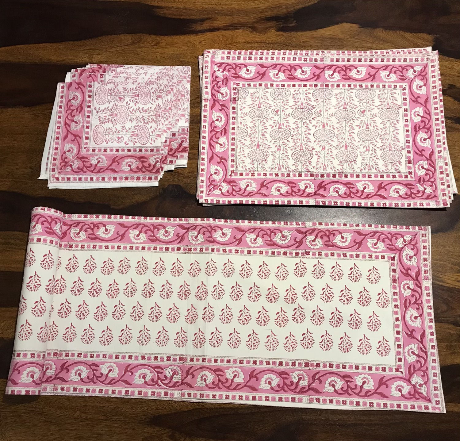 Six Seater Table Mats Set with Napkins & Runner- Hand Blocked Pink Buti