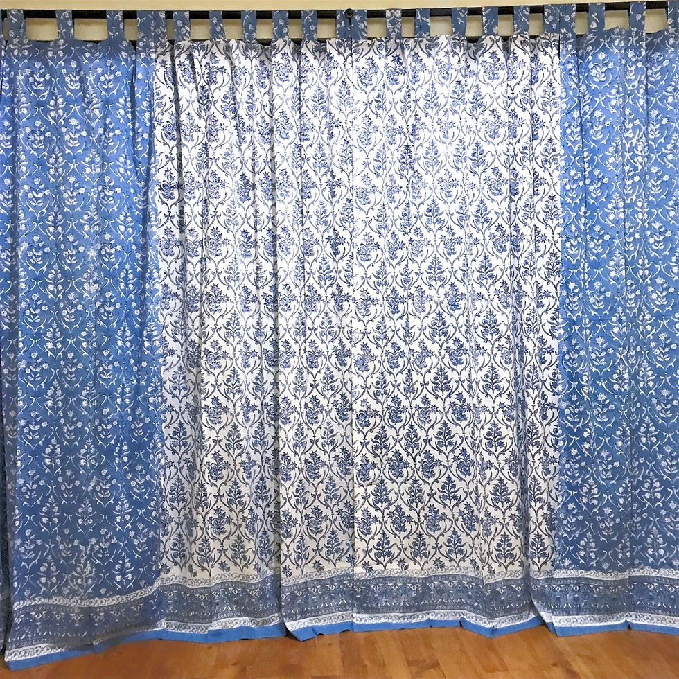 Thumbnail: Set of 2- Curtain with Fabric Loops- Hand Blocked White & Blue Combo