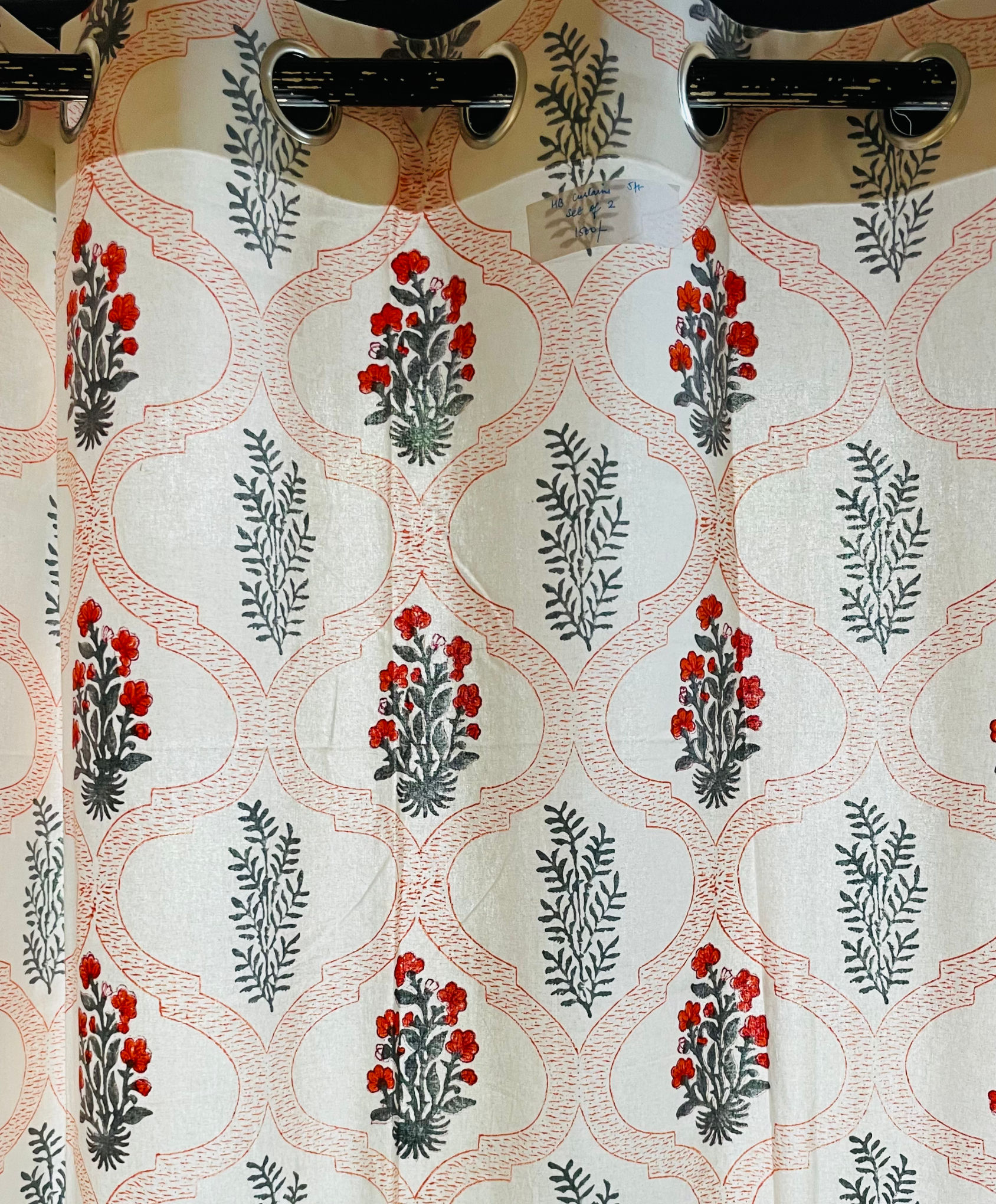 Set of 2- Curtain with Round Metal Loops- Hand Blocked Orange & Grey Jaal