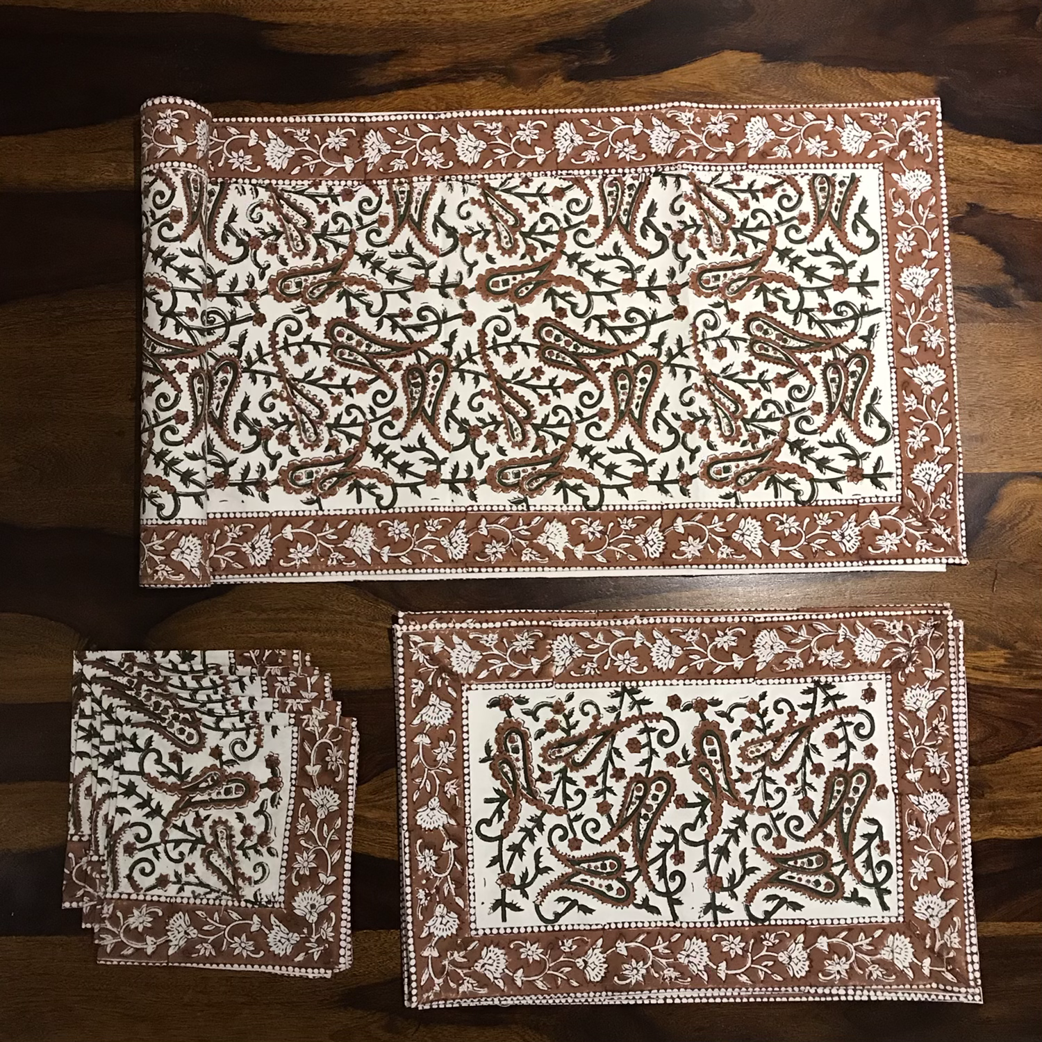 Six Seater Table Mats Set with Napkins & Runner- Hand Blocked Brown & Green Jaal