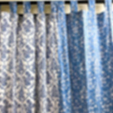 Set of 2- Curtain with Fabric Loops- Hand Blocked White & Blue Combo