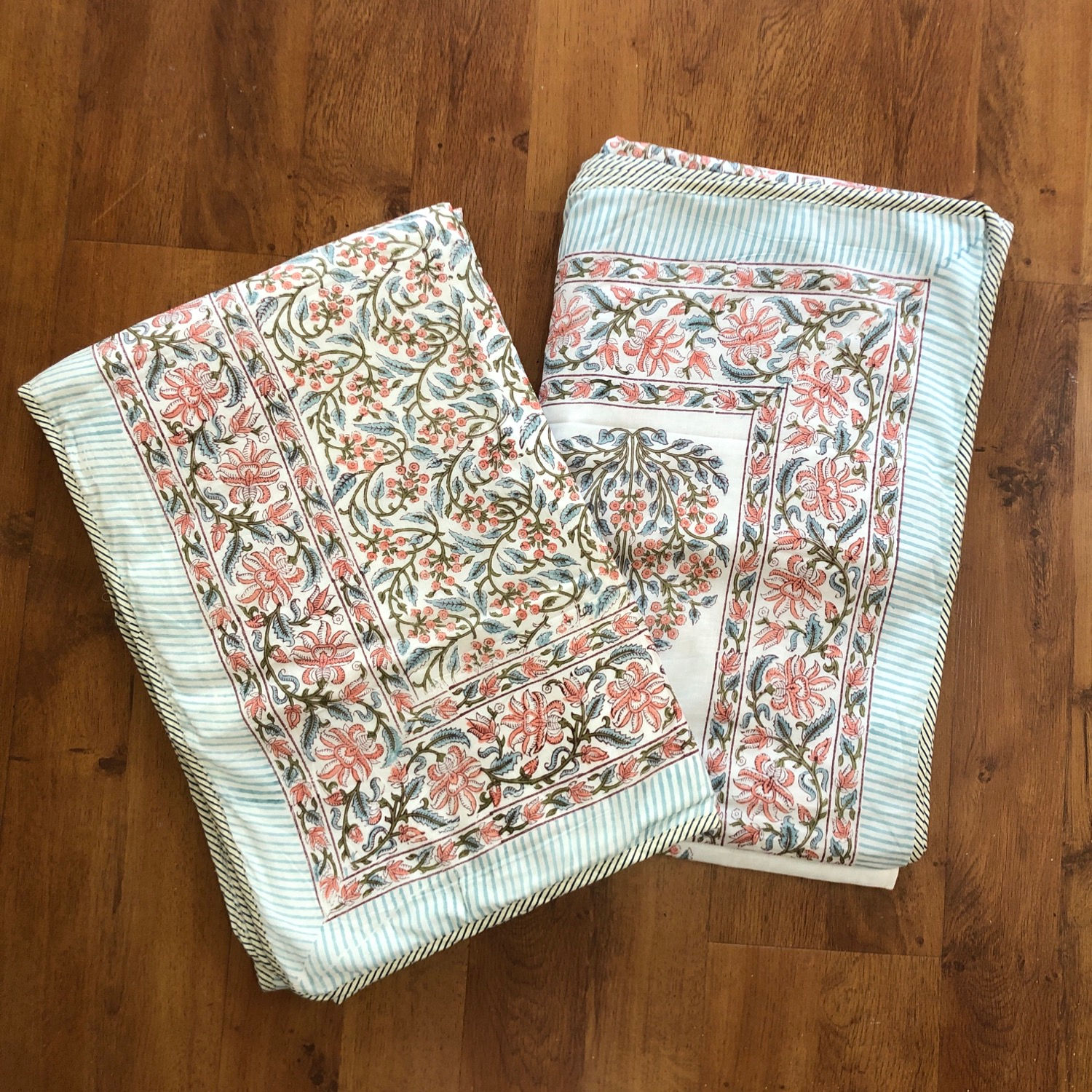 Reversible Hand Blocked Dohar- Single Bed Set of 2 Identicals- Peach & Blue Jaal
