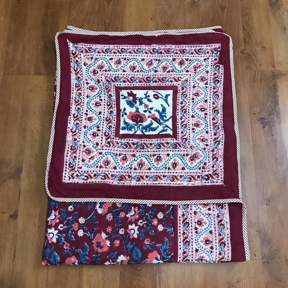 Thumbnail: Reversible Hand Blocked Dohar- Single Bed Set of 2 Identicals- Maroon Floral