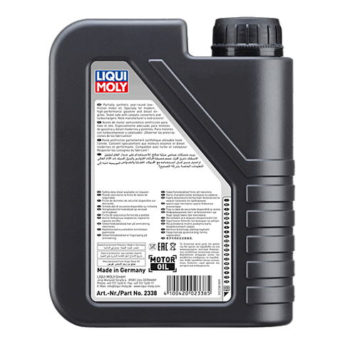 Retro di tanica Liqui Moly 10W40 con etichetta tecnica.