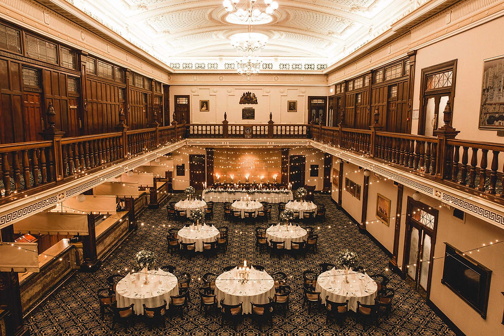 Elegant banquet hall with round tables for Home events