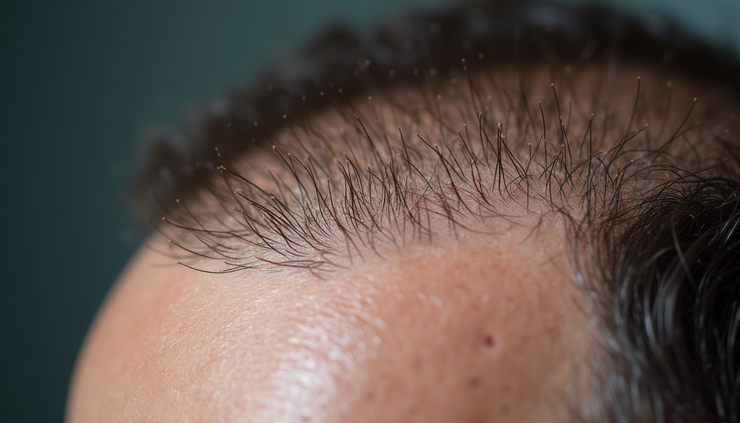 Close-up view of scalp showing thinning hair and hair follicles