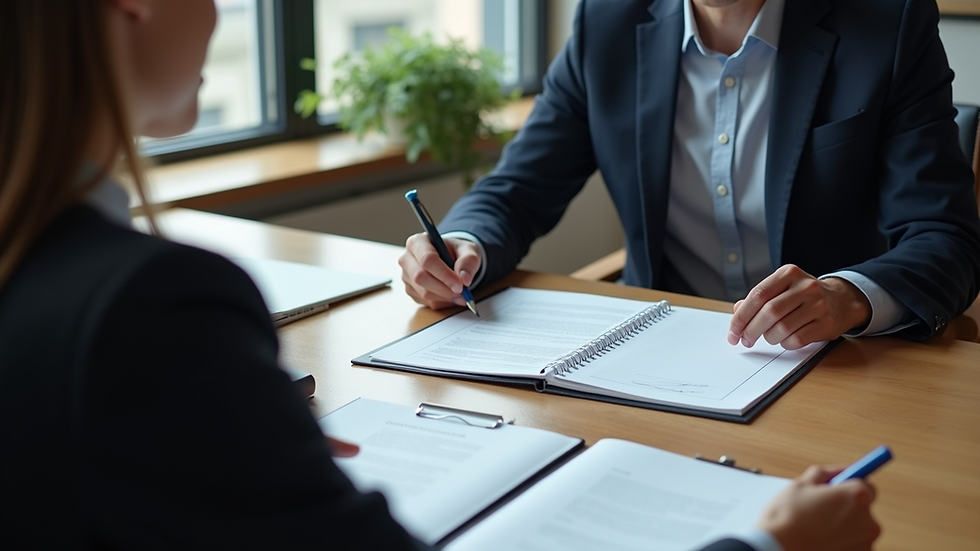 Eye-level view of a lawyer discussing legal documents with a client