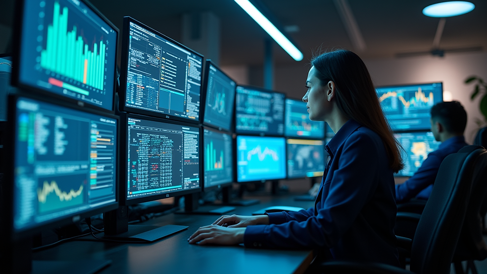 High angle view of a cybersecurity operations center with multiple screens displaying data