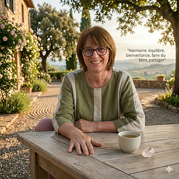 Alt text: A person with their face obscured sits outdoors at a rustic wooden table, wearing a green and beige linen shirt. On the table are a white ceramic cup, likely containing tea, and a pink crystal. The background features a stone house with blooming roses, cobblestone courtyard, and lush countryside with trees and hills. Sunlight creates a warm, tranquil atmosphere. On the right, a French quote reads: “Harmonie, équilibre, bienveillance, faire du bien, partager” (“Harmony, balance, kindness, doing good, sharing”). The scene conveys relaxation, wellness, and mindful living in a peaceful rural setting.