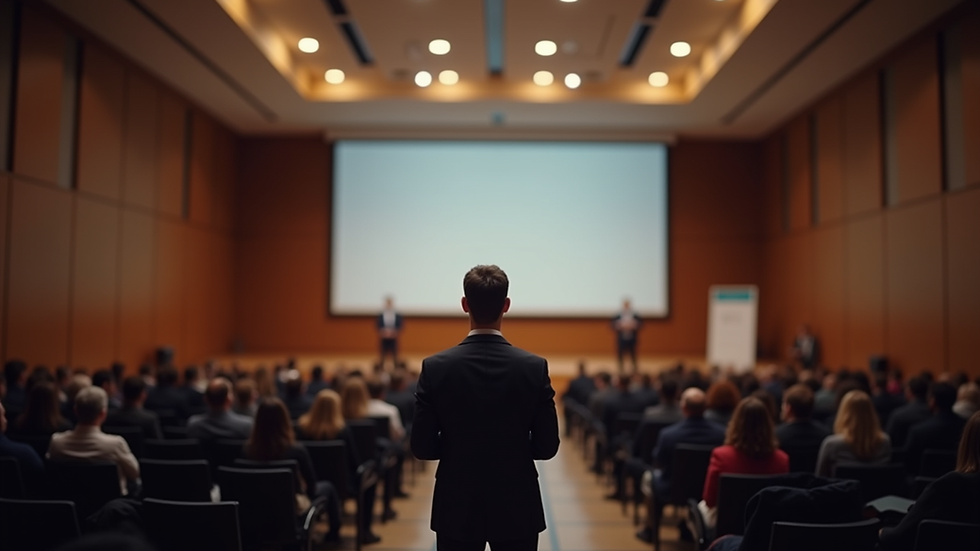 Vue rapprochée d'une salle de conférence avec un intervenant sur scène