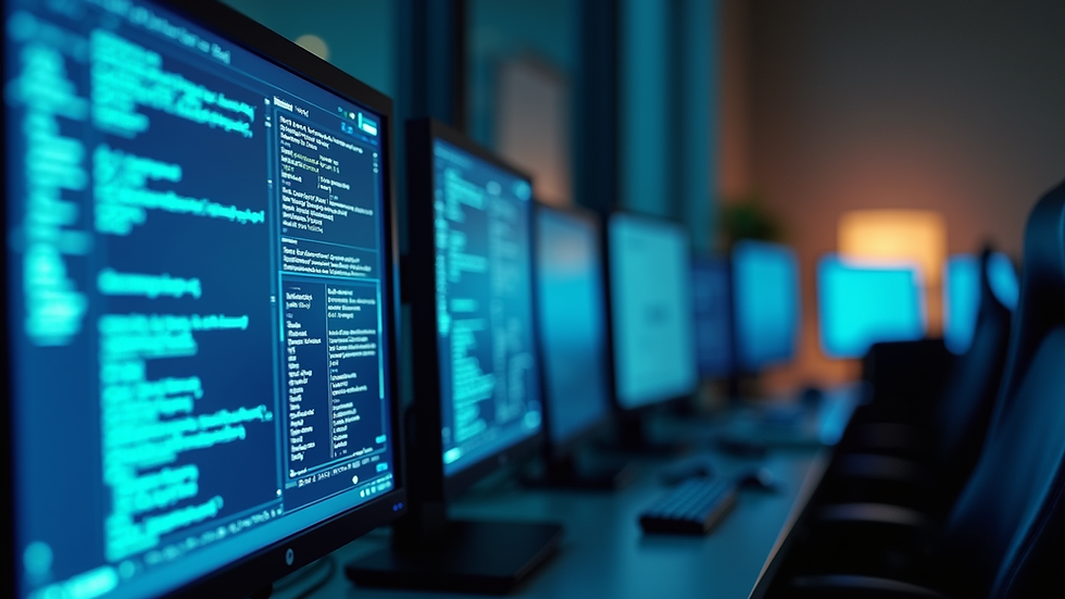 Vue en plongée d’un bureau avec des écrans affichant des données de cybersécurité