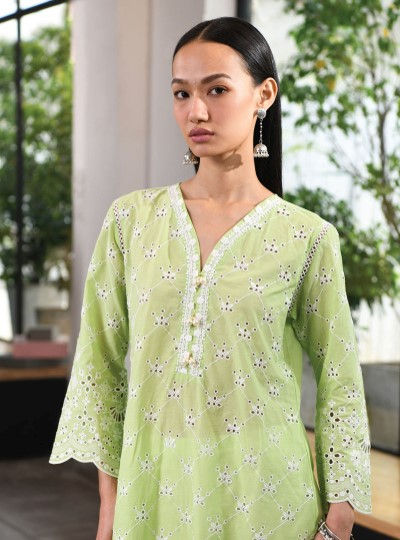 Thumbnail: Mulmul Cotton Perth Green Kurta With Multi Lace Slim White Pant
