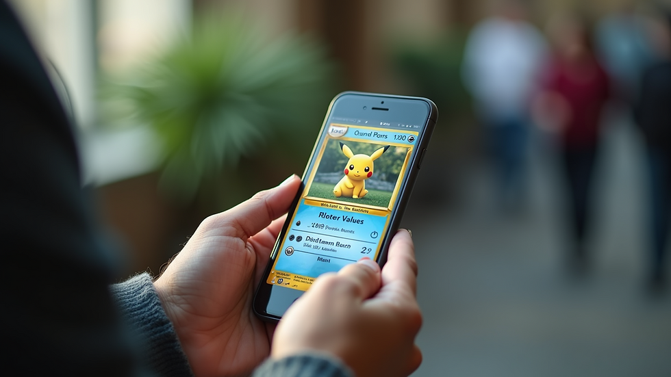 Close-up view of a smartphone displaying a Pokémon card value app