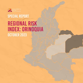 Cover of a special report on the Regional Risk Index for Orinoquia. Map of Colombia with the Orinoquia region highlighted in shades of brown and gray, over a light background with visible administrative boundaries. The report is dated October 2023 and published by Colombia Risk Analysis