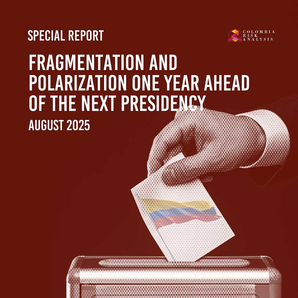 Cover of a special report on political fragmentation and polarization in Colombia. Maroon background with a halftone-style image of a hand placing a ballot—colored with the Colombian flag—into a voting box. The report is dated August 2025 and published by Colombia Risk Analysis